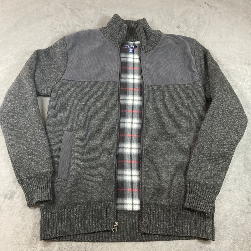 IZOD Mens Full Zip Fleece Lined Cardigan Sweater Gray Plaid Mock Neck M